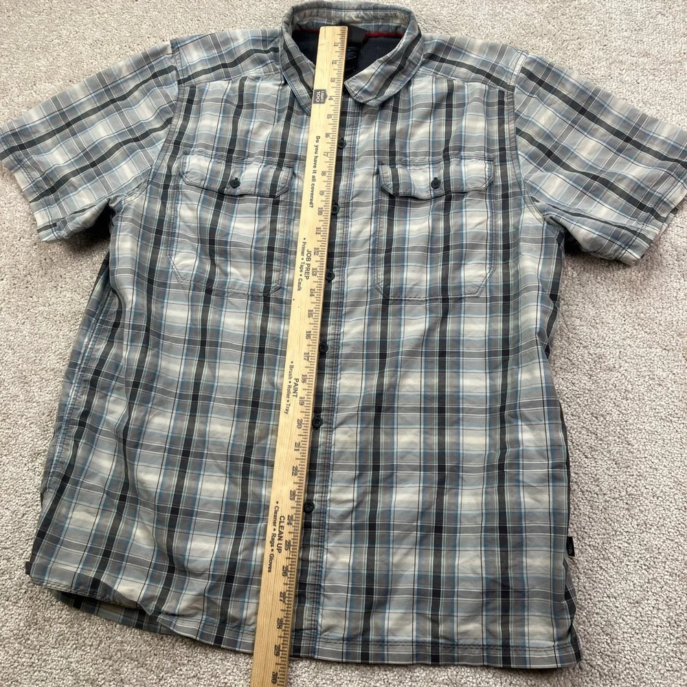 The North Face Mens Large Short Sleeve Plaid Button Up Shirt Blue Gray Hiking